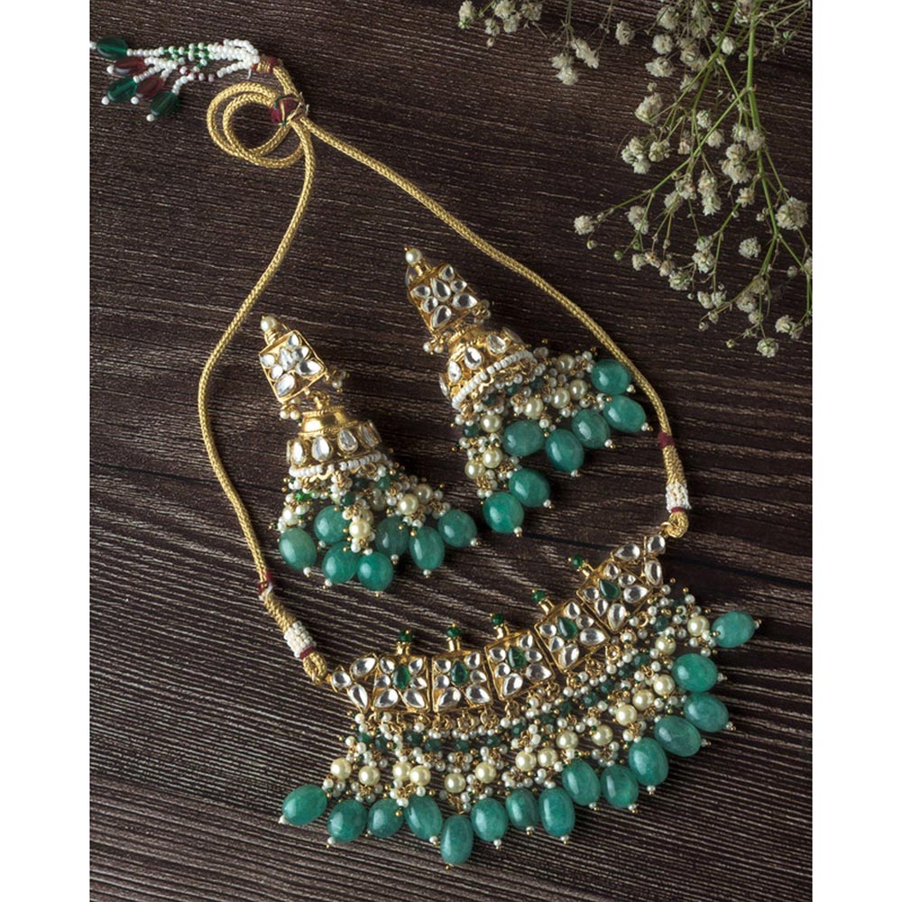 VIVINIA By Vidhi Mehra Gold Plated Green Womens Kundan Choker Necklace Set With Earrings