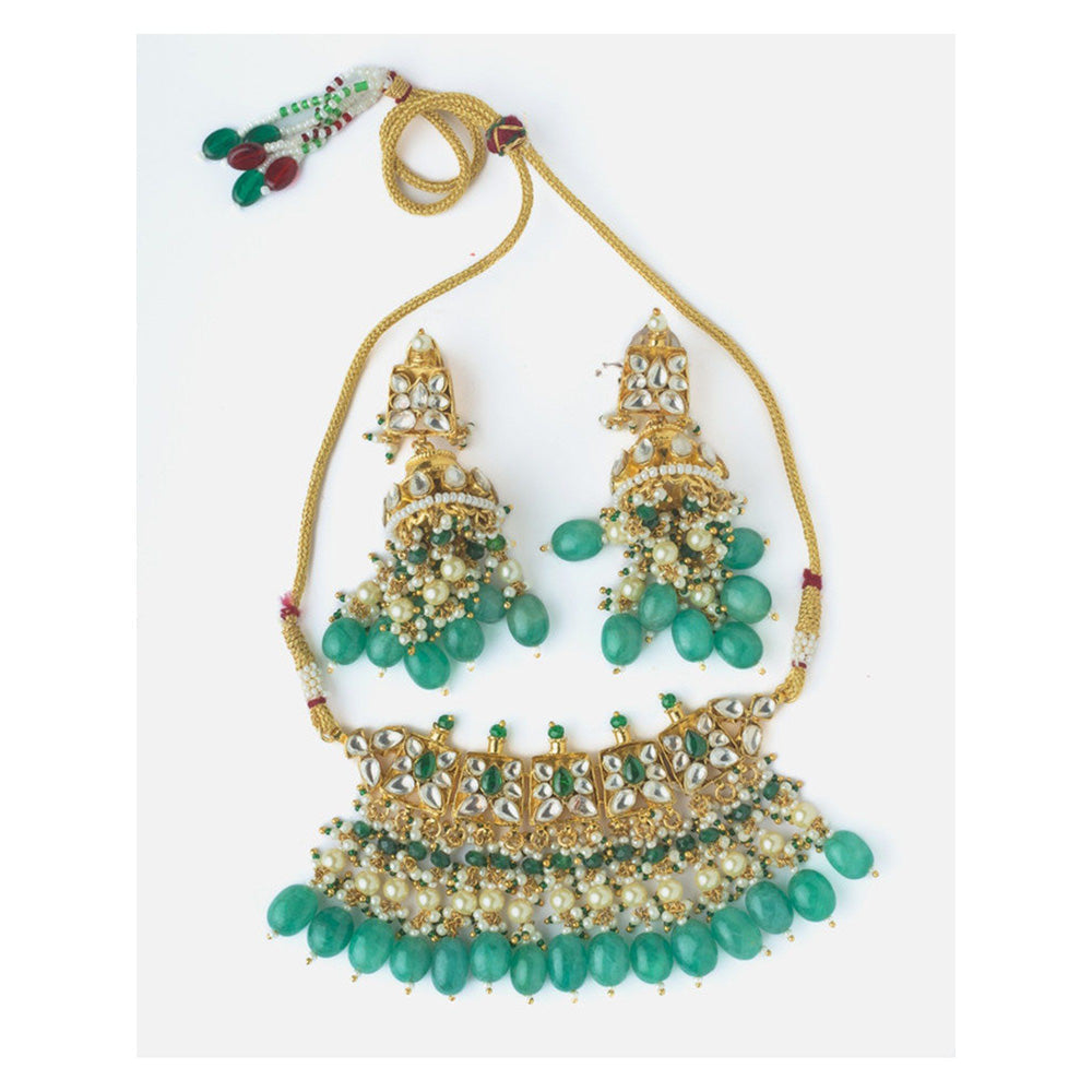 VIVINIA By Vidhi Mehra Gold Plated Green Womens Kundan Choker Necklace Set With Earrings