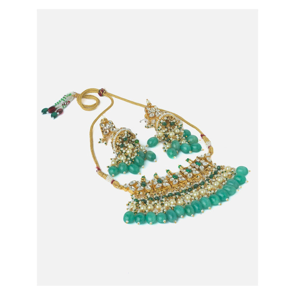 VIVINIA By Vidhi Mehra Gold Plated Green Womens Kundan Choker Necklace Set With Earrings