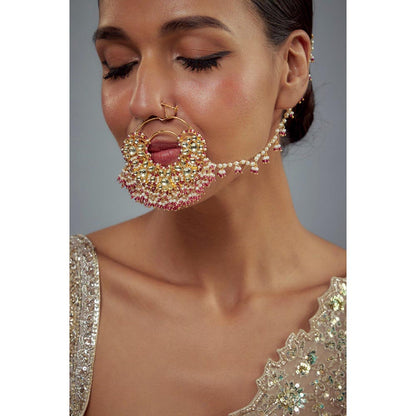 VIVINIA By Vidhi Mehra Saadgi Gold Plated Pink Kundan Polki Womens Nath With Chain