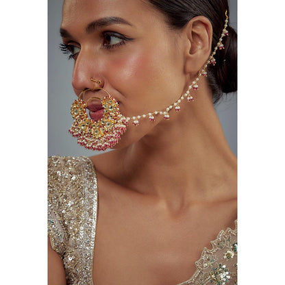 VIVINIA By Vidhi Mehra Saadgi Gold Plated Pink Kundan Polki Womens Nath With Chain