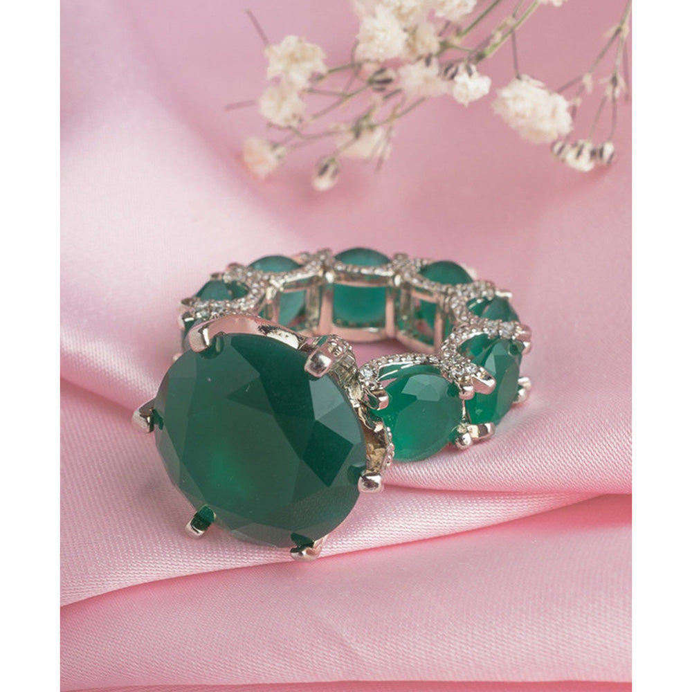 VIVINIA By Vidhi Mehra Silver Plated Green Womens Diamond Ring