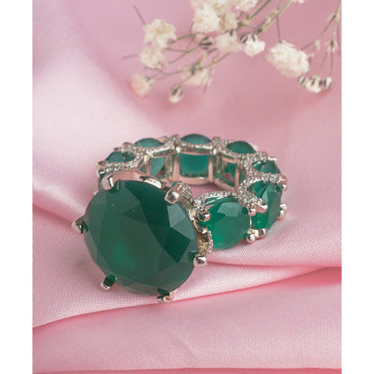 VIVINIA By Vidhi Mehra Silver Plated Green Womens Diamond Ring