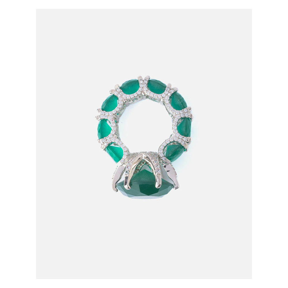 VIVINIA By Vidhi Mehra Silver Plated Green Womens Diamond Ring