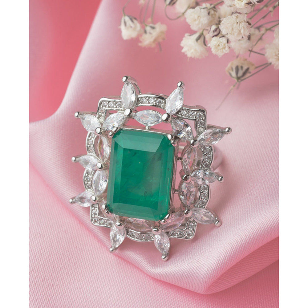 VIVINIA By Vidhi Mehra Silver Plated Green Womens Zircon Adjustable Ring