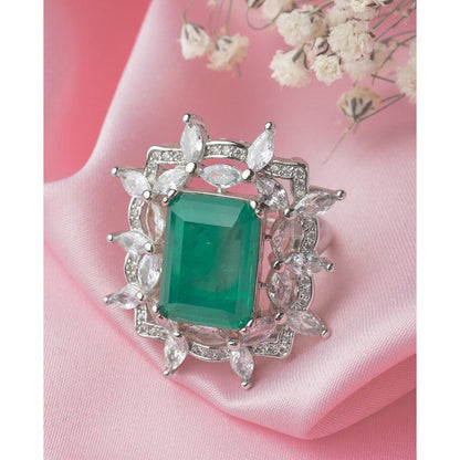 VIVINIA By Vidhi Mehra Silver Plated Green Womens Zircon Adjustable Ring