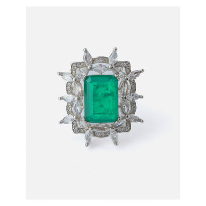 VIVINIA By Vidhi Mehra Silver Plated Green Womens Zircon Adjustable Ring