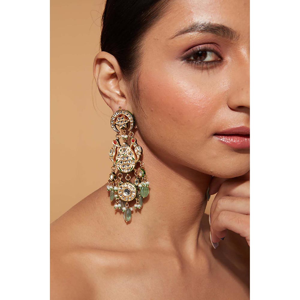 VIVINIA By Vidhi Mehra Gold Plated Multi-Colour Kundan with Bead Drop Dangle Earrings