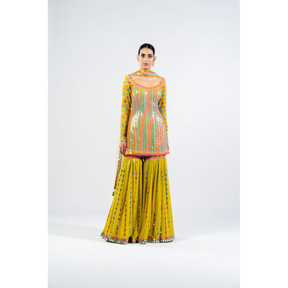 Vvani by Vani Vats Multi Color Moss Green Kurti with Sharara & Dupatta (Set of 3)