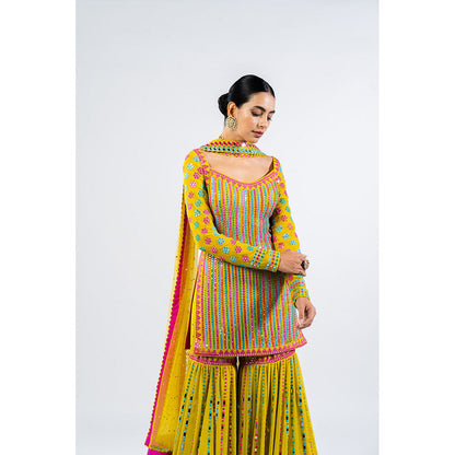 Vvani by Vani Vats Multi Color Moss Green Kurti with Sharara & Dupatta (Set of 3)