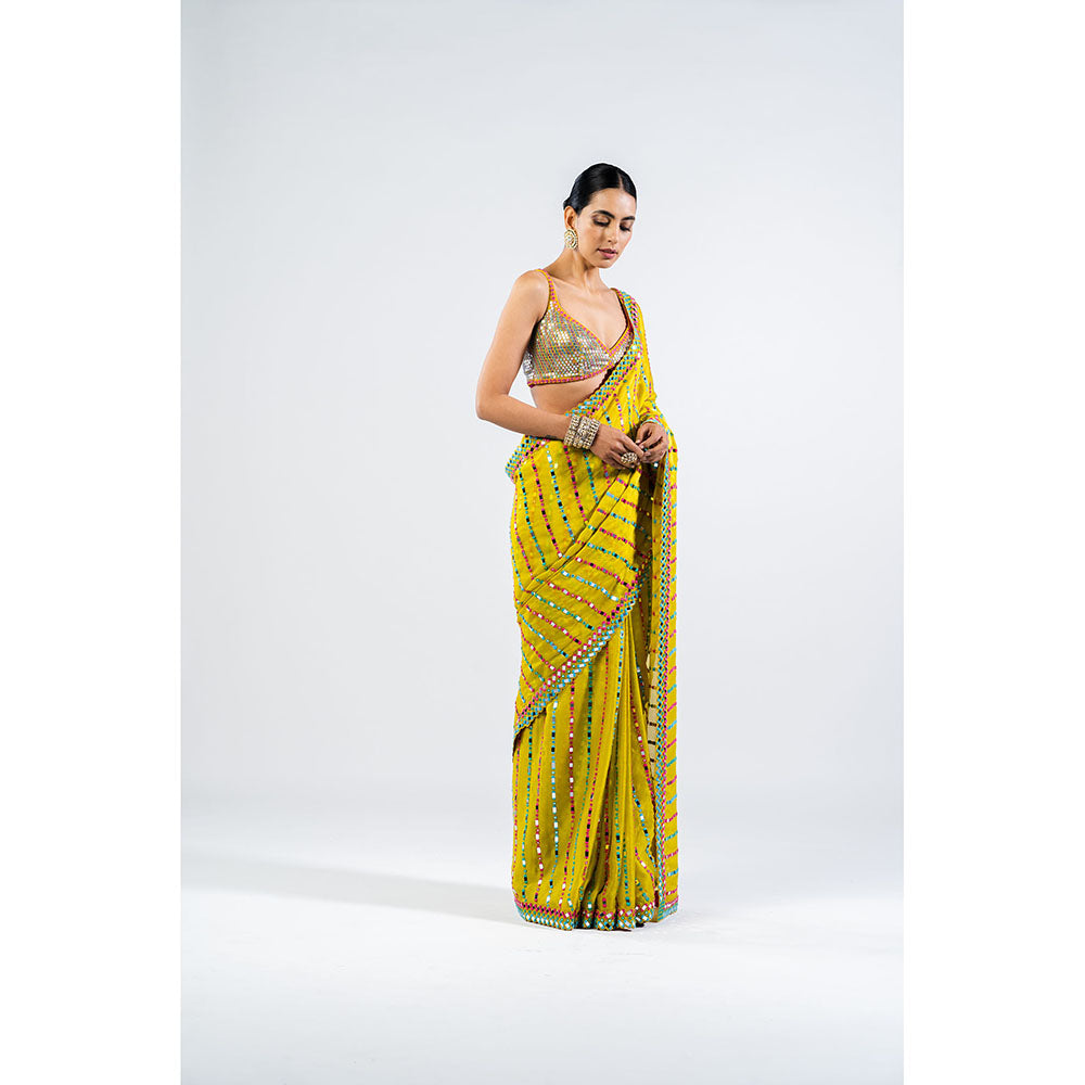 Vvani by Vani Vats Moss Green Mirror Saree with Metallic Stitched Blouse