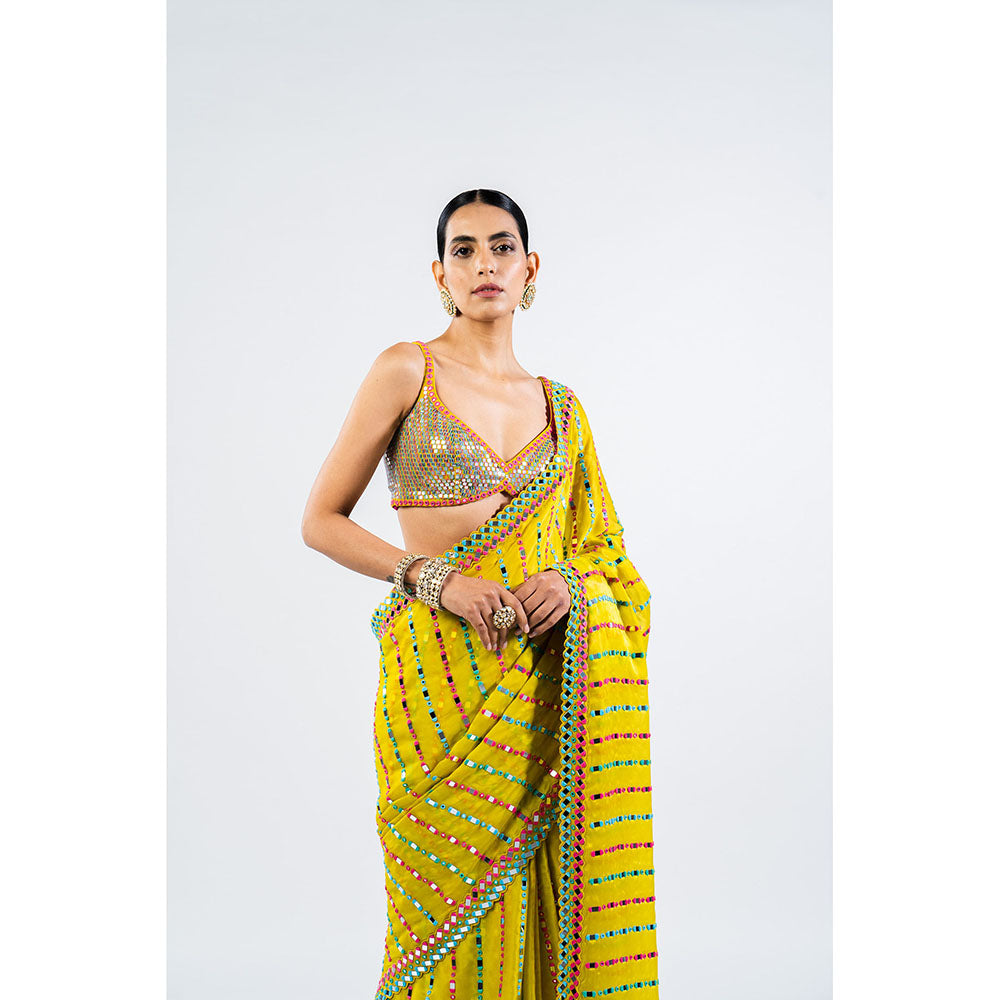 Vvani by Vani Vats Moss Green Mirror Saree with Metallic Stitched Blouse