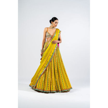 Vvani by Vani Vats Moss Green Linear Drop Lehenga with Metallic Blouse & Dupatta (Set of 3)