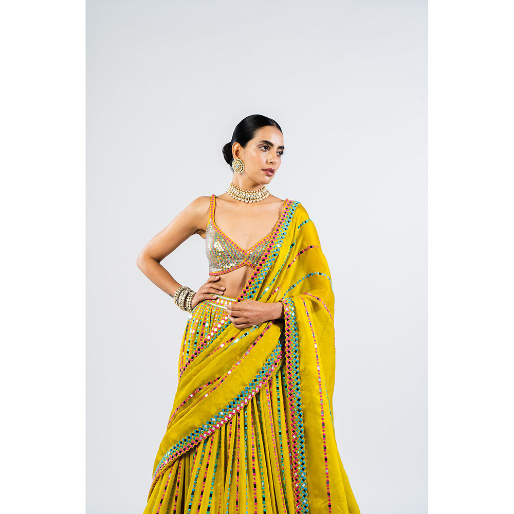 Vvani by Vani Vats Moss Green Linear Drop Lehenga with Metallic Blouse & Dupatta (Set of 3)