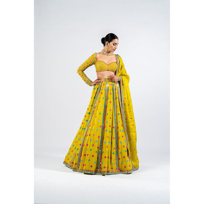 Vvani by Vani Vats Moss Green Flower Blouse with Lehenga & Dupatta (Set of 3)