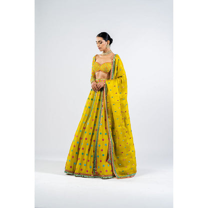 Vvani by Vani Vats Moss Green Flower Blouse with Lehenga & Dupatta (Set of 3)