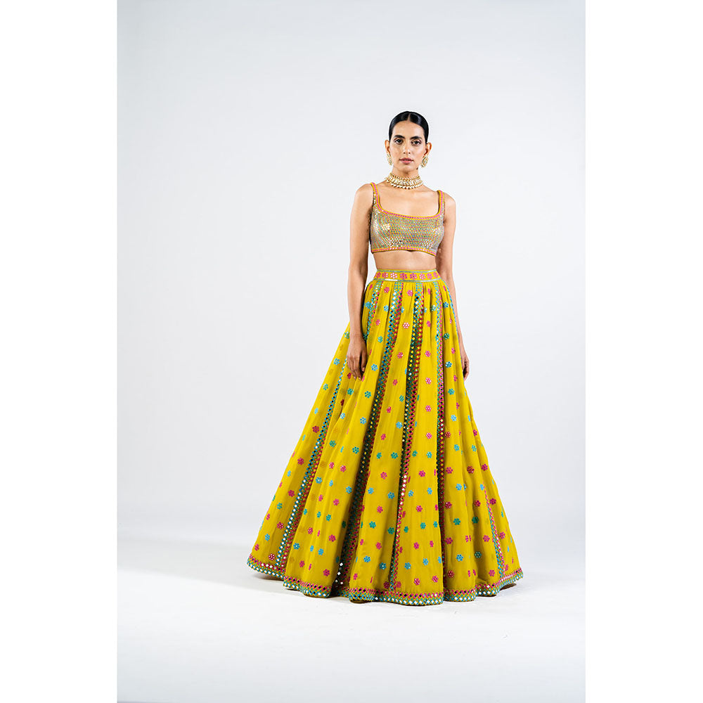 Vvani by Vani Vats Moss Green Flower Lehenga & Dupatta with Metallic Blouse (Set of 3)
