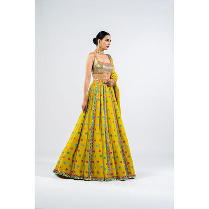 Vvani by Vani Vats Moss Green Flower Lehenga & Dupatta with Metallic Blouse (Set of 3)