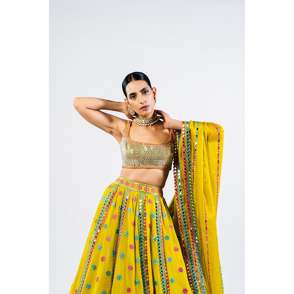 Vvani by Vani Vats Moss Green Flower Lehenga & Dupatta with Metallic Blouse (Set of 3)