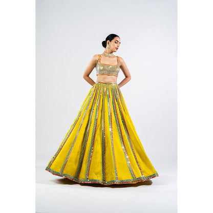 Vvani by Vani Vats Moss Green Mirror Seam Lehenga & Dupatta with Metallic Blouse (Set of 3)