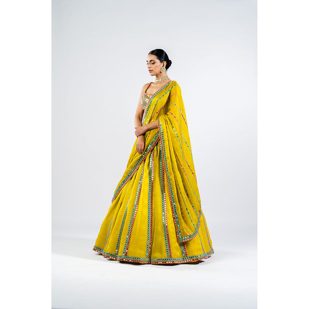 Vvani by Vani Vats Moss Green Mirror Seam Lehenga & Dupatta with Metallic Blouse (Set of 3)