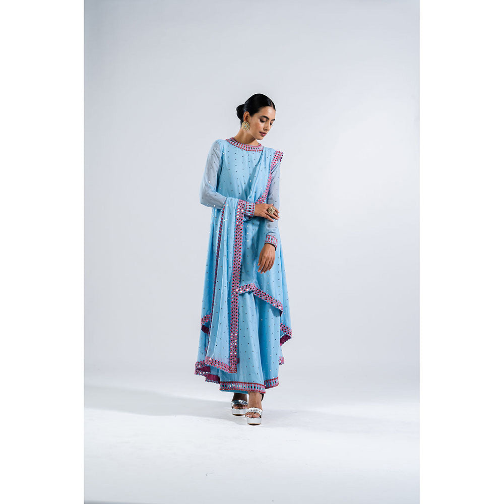 Vvani by Vani Vats Ice Blue Asymmetrical Kurta & Palazzo with Dupatta (Set of 3)