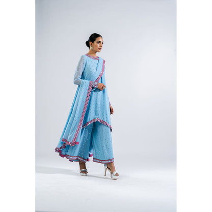 Vvani by Vani Vats Ice Blue Asymmetrical Kurta & Palazzo with Dupatta (Set of 3)