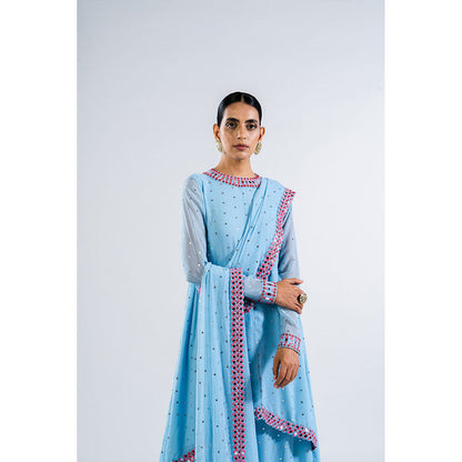 Vvani by Vani Vats Ice Blue Asymmetrical Kurta & Palazzo with Dupatta (Set of 3)