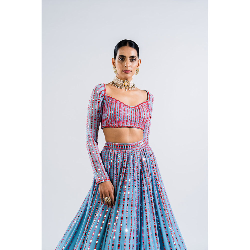 Vvani by Vani Vats Ice Blue Linear Drop Blouse with Lehenga & Dupatta (Set of 3)