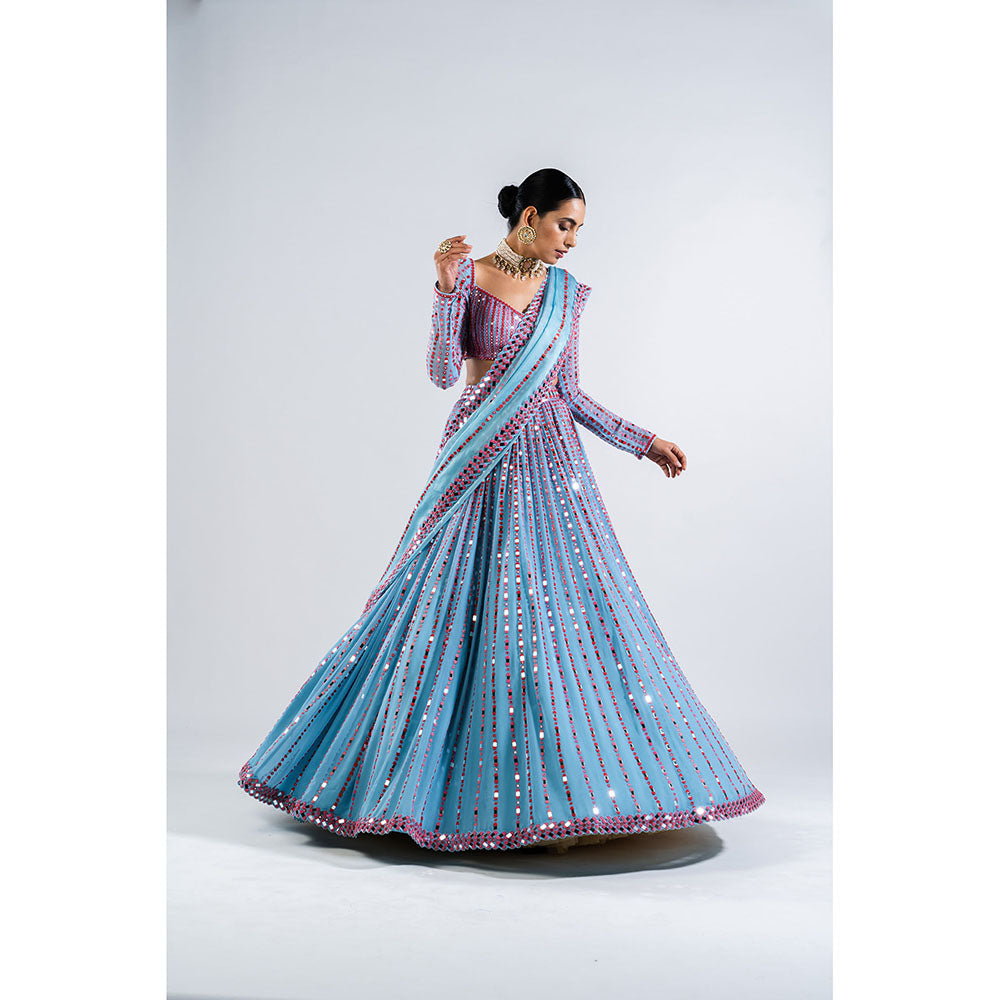 Vvani by Vani Vats Ice Blue Linear Drop Blouse with Lehenga & Dupatta (Set of 3)