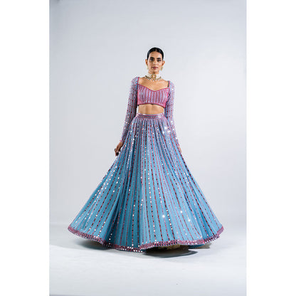 Vvani by Vani Vats Ice Blue Linear Drop Blouse with Lehenga & Dupatta (Set of 3)