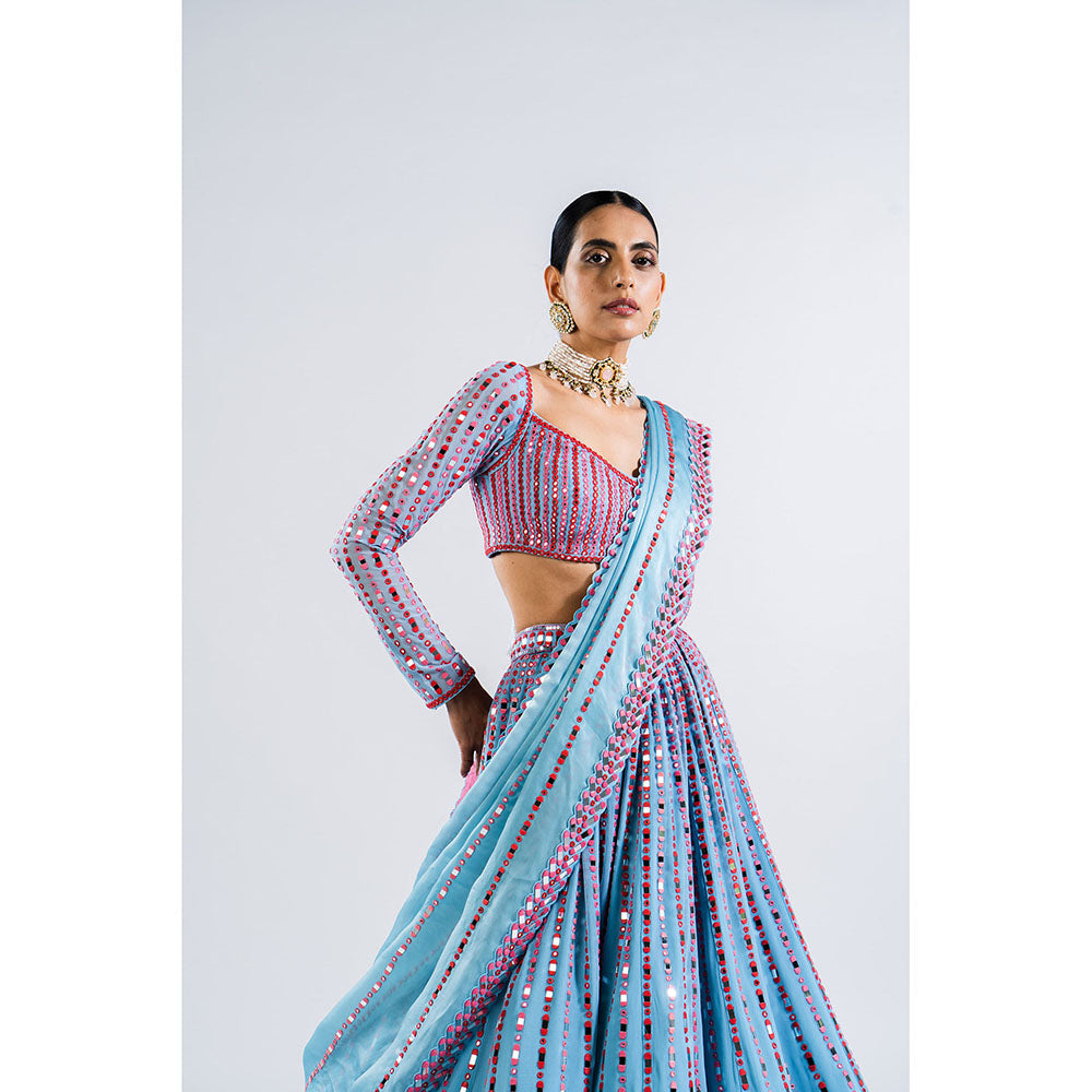 Vvani by Vani Vats Ice Blue Linear Drop Blouse with Lehenga & Dupatta (Set of 3)