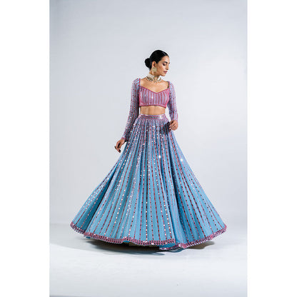 Vvani by Vani Vats Ice Blue Linear Drop Blouse with Lehenga & Dupatta (Set of 3)