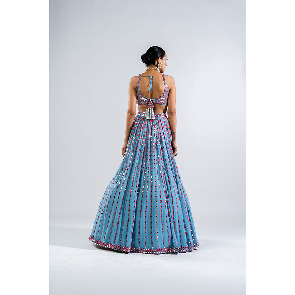 Vvani by Vani Vats Ice Blue Linear Drop Lehenga with Metallic Blouse & Dupatta (Set of 3)