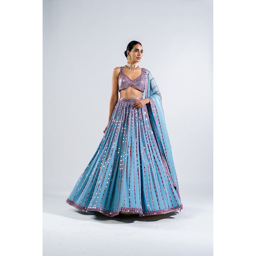 Vvani by Vani Vats Ice Blue Linear Drop Lehenga with Metallic Blouse & Dupatta (Set of 3)