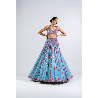Vvani by Vani Vats Ice Blue Linear Drop Lehenga with Metallic Blouse & Dupatta (Set of 3)