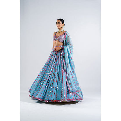 Vvani by Vani Vats Ice Blue Linear Drop Lehenga with Metallic Blouse & Dupatta (Set of 3)