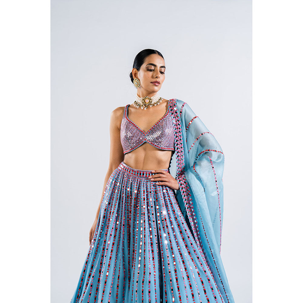 Vvani by Vani Vats Ice Blue Linear Drop Lehenga with Metallic Blouse & Dupatta (Set of 3)