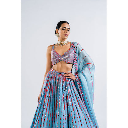 Vvani by Vani Vats Ice Blue Linear Drop Lehenga with Metallic Blouse & Dupatta (Set of 3)