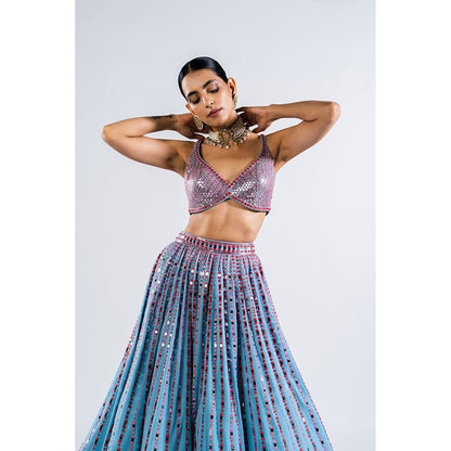 Vvani by Vani Vats Ice Blue Linear Drop Lehenga with Metallic Blouse & Dupatta (Set of 3)