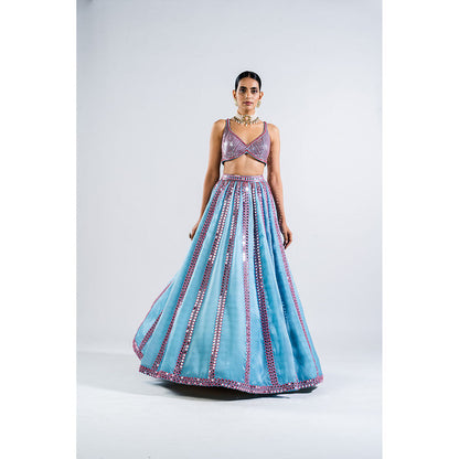 Vvani by Vani Vats Ice Blue Mirror Seam Blouse with Lehenga & Dupatta (Set of 3)