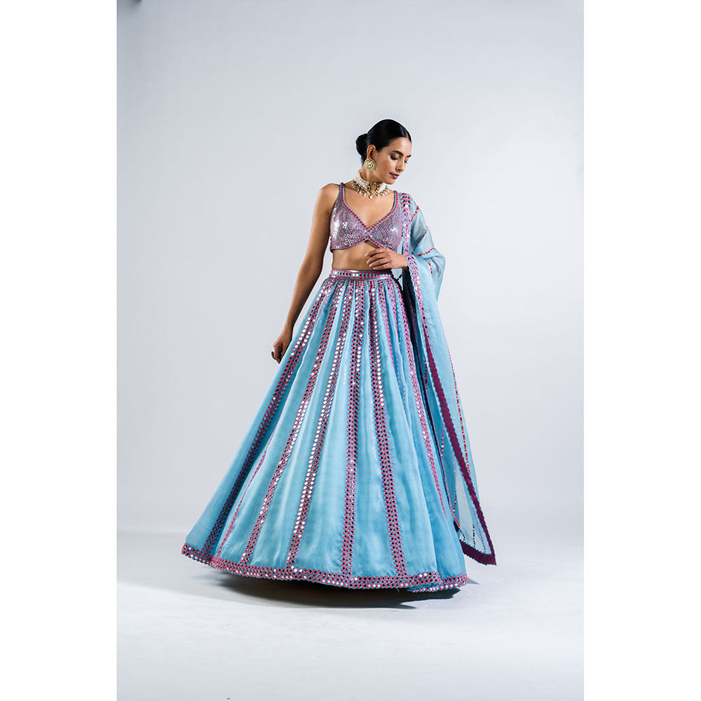 Vvani by Vani Vats Ice Blue Mirror Seam Blouse with Lehenga & Dupatta (Set of 3)