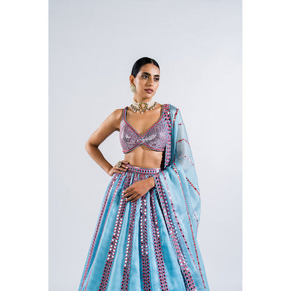 Vvani by Vani Vats Ice Blue Mirror Seam Blouse with Lehenga & Dupatta (Set of 3)