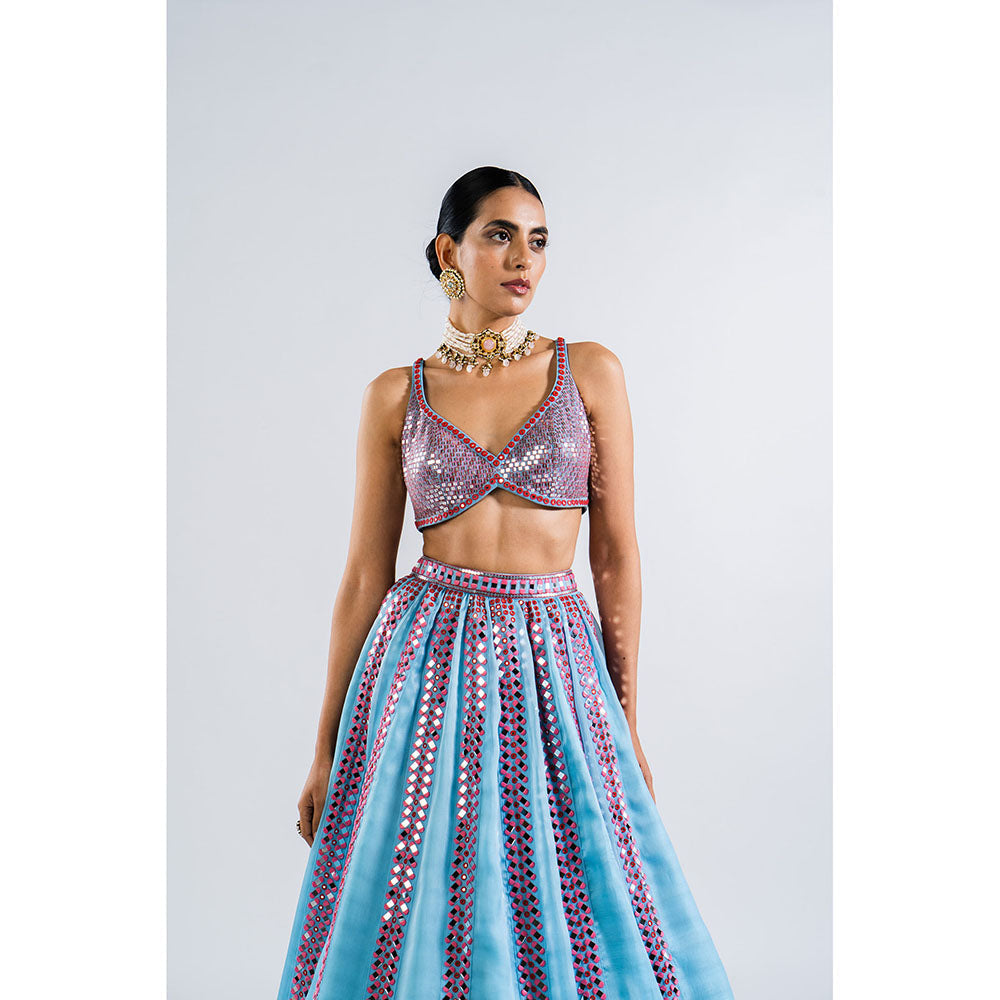 Vvani by Vani Vats Ice Blue Mirror Seam Blouse with Lehenga & Dupatta (Set of 3)