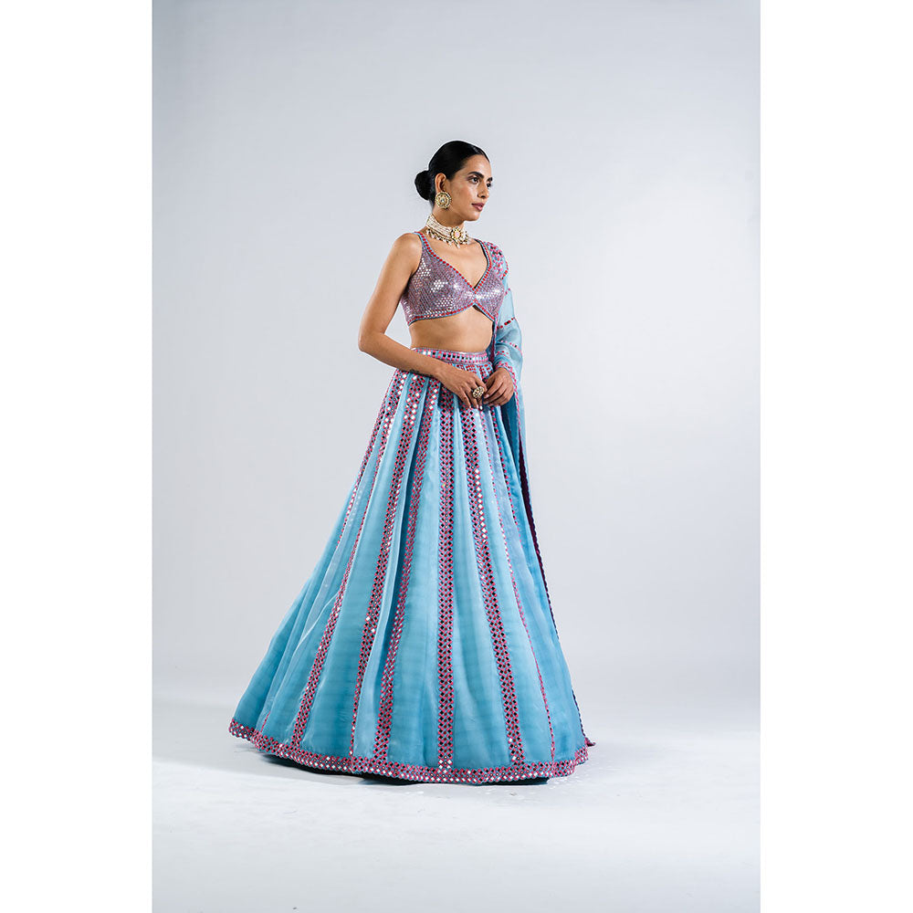 Vvani by Vani Vats Ice Blue Mirror Seam Blouse with Lehenga & Dupatta (Set of 3)