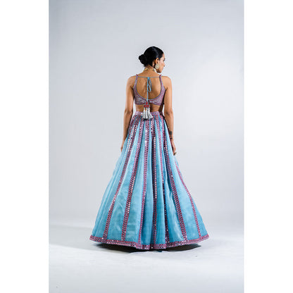 Vvani by Vani Vats Ice Blue Mirror Seam Blouse with Lehenga & Dupatta (Set of 3)