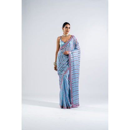 Vvani by Vani Vats Ice Blue Heavy Mirror Work Saree & Stitched Blouse