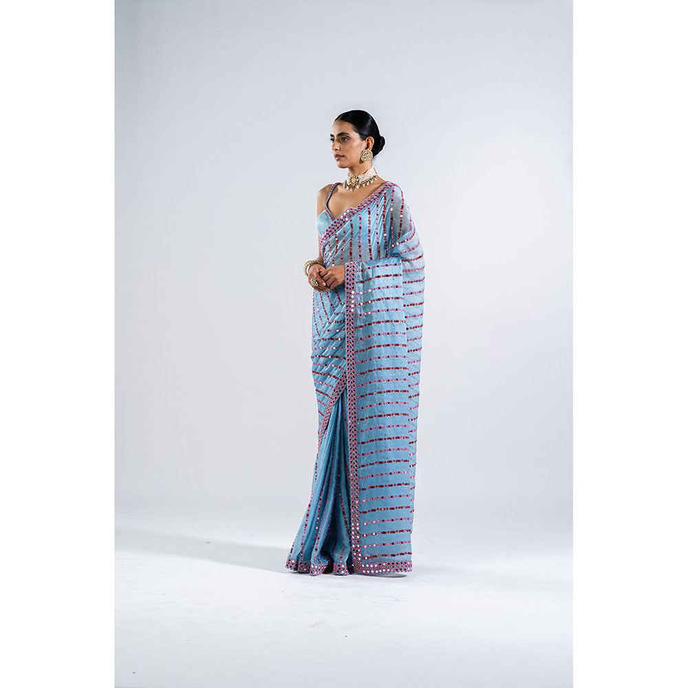 Vvani by Vani Vats Ice Blue Heavy Mirror Work Saree & Stitched Blouse
