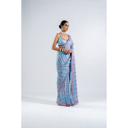 Vvani by Vani Vats Ice Blue Heavy Mirror Work Saree & Stitched Blouse