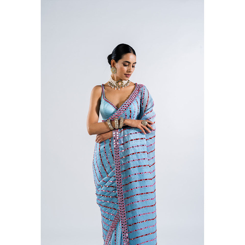Vvani by Vani Vats Ice Blue Heavy Mirror Work Saree & Stitched Blouse